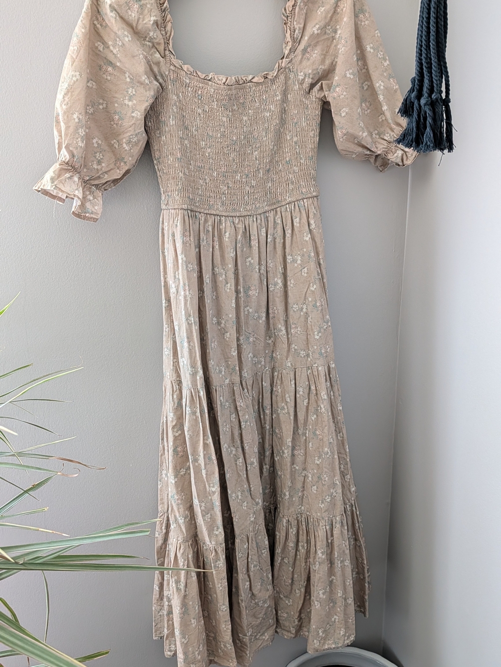 Floral Smocked Maxi Dress with Puff Sleeves - Beige